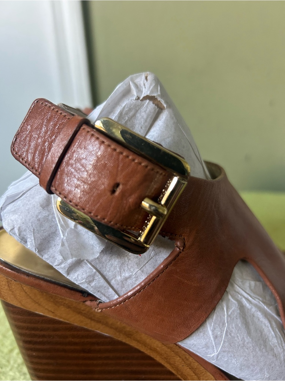 Michael Kors Cognac Leather Platform Wedge Sandals with Gold Buckle - Picture 7 of 11